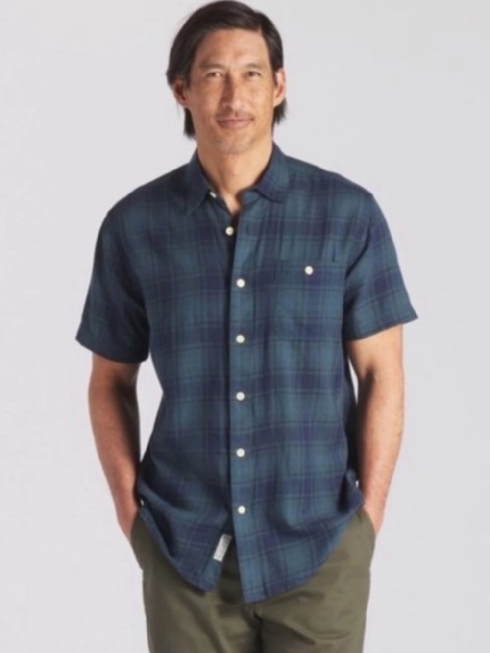 Grayers Men's Plaid Button-Up Shirt Blue Green Short Sleeve Size L